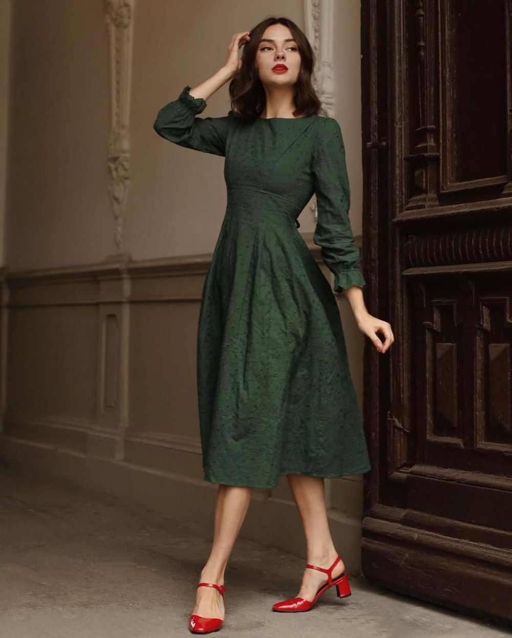 Simple Retro Lorraine Long Sleeve A-Line Midi Dress Dark Green Women's Medium